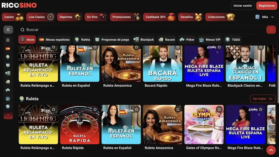 Captura del Live Casino de ricosino.com con pestañas de categorías y mesas de ruleta y blackjack