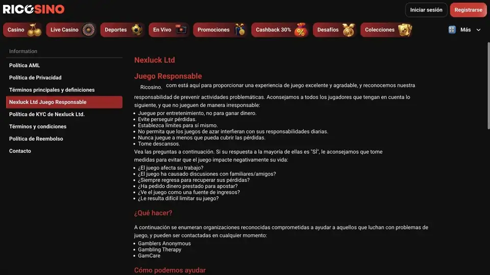 Captura de la página «Nexluck Ltd Juego Responsable» de ricosino.com con consejos, preguntas de autoevaluación y organizaciones de ayuda