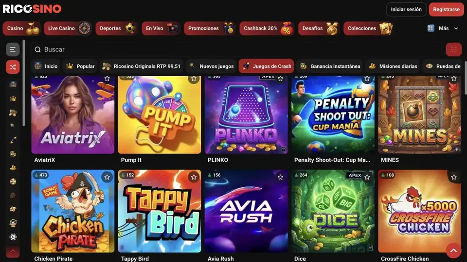 Categoría Juegos de Crash en ricosino.com, con mosaicos de AviatriX, MINES, Avia Rush y otros juegos rápidos