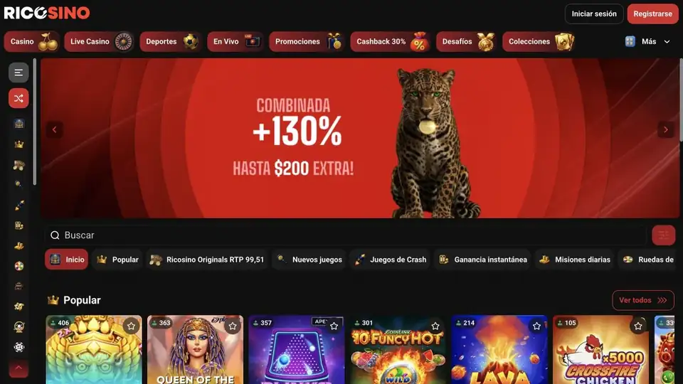 Lobby de ricosino.com con un banner de apuestas combinadas y la fila Popular debajo