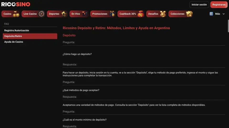 Página de ayuda de ricosino.com con preguntas sobre depósitos y retiros
