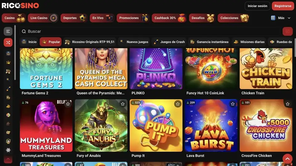 Captura de la categoría Popular del lobby de ricosino.com con tragamonedas y juegos instantáneos
