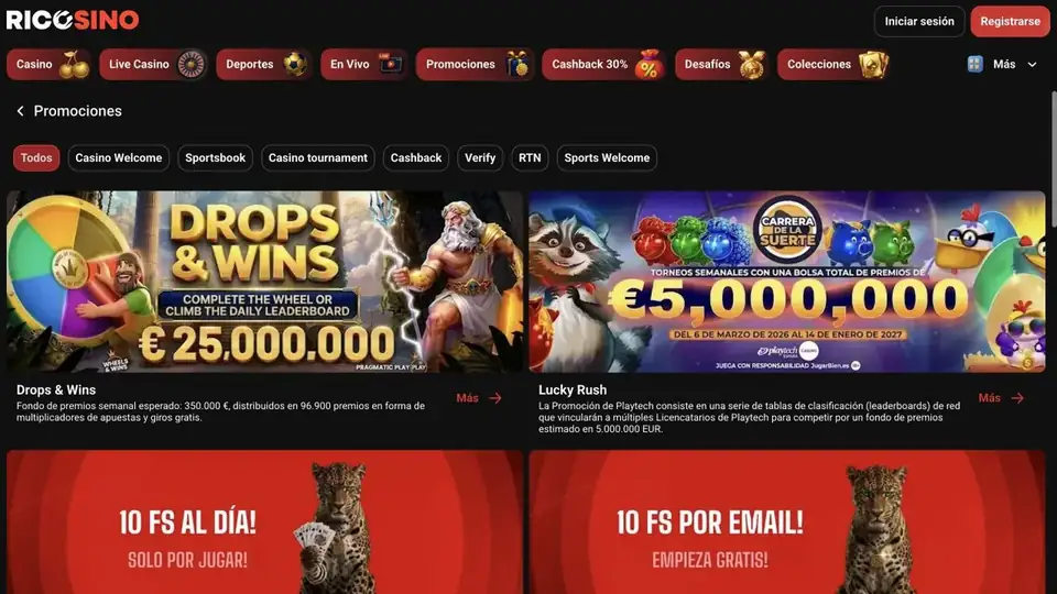 Captura de la página de promociones de ricosino.com con filtros por tipo, tarjetas de Drops & Wins y Lucky Rush y tarjetas «10 FS al día» y «10 FS por email»